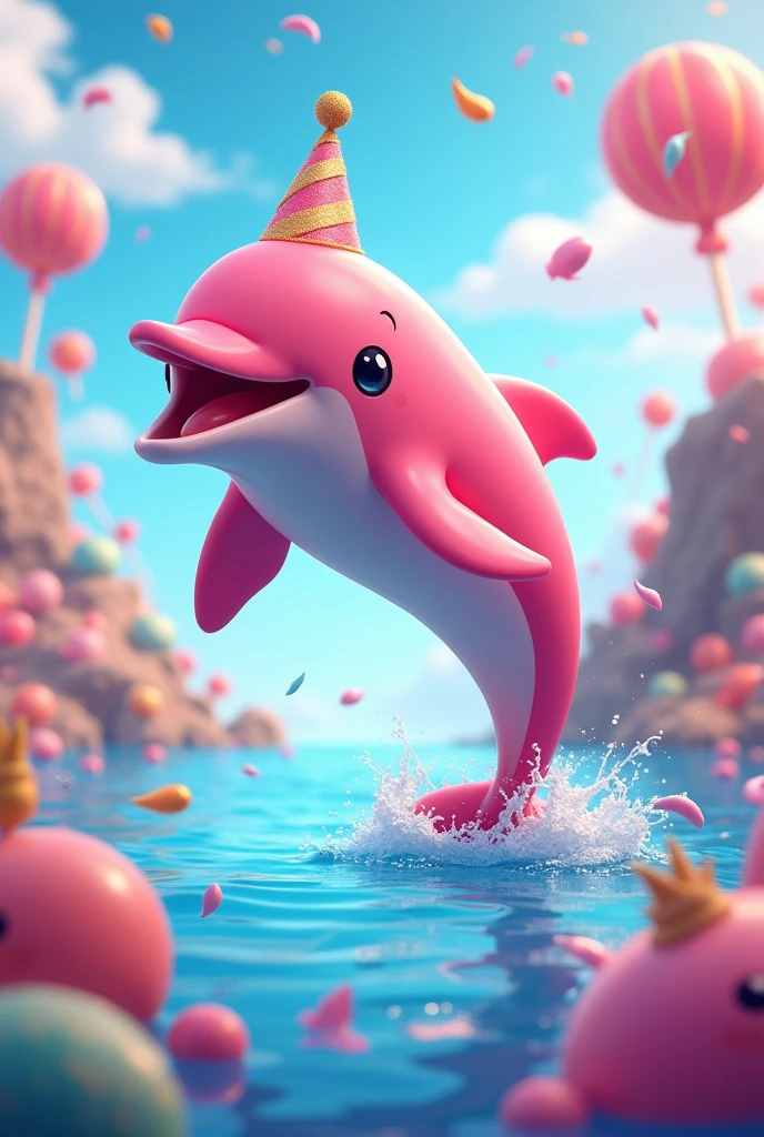 Happy pink dolphin jumping in the sea, with colorful sweets, confetti, custody, Happy animal animations and more like a happy party 