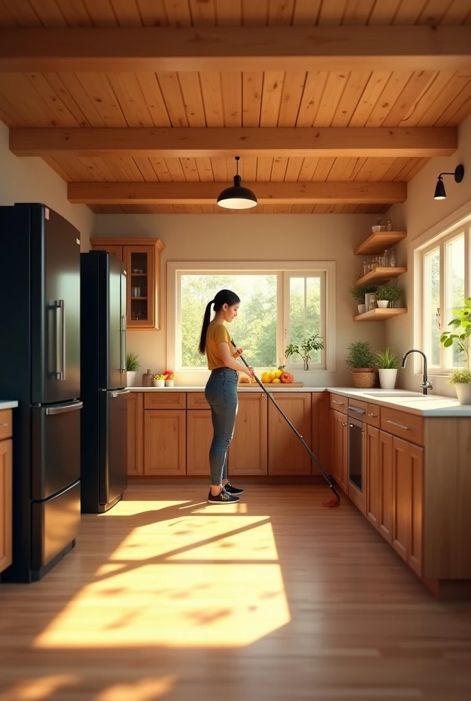 A TOO big kitchen with yellow light with floors, ceiling and walls made of wood in a not so dark color, two refrigerators and the cabinets are black and a woman is cleaning