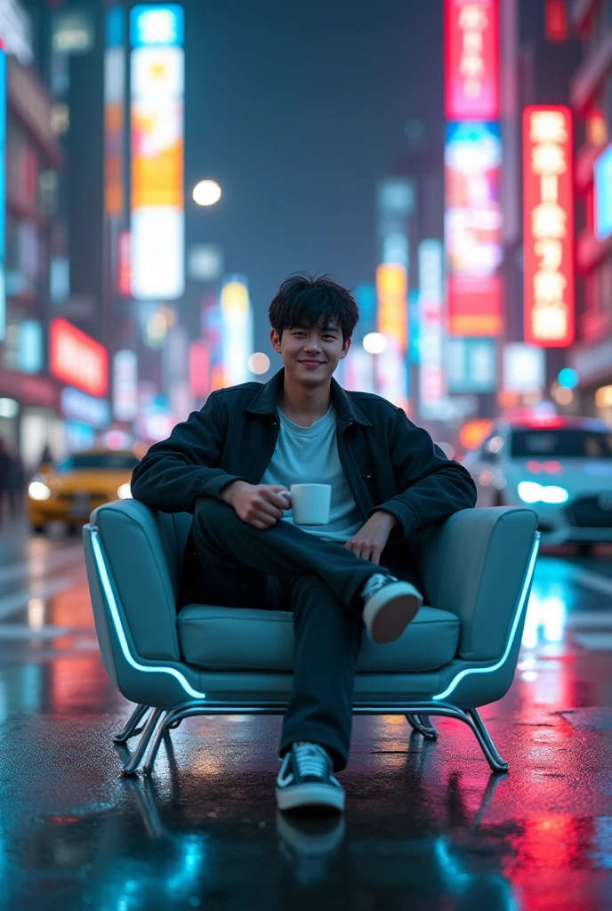 a young man shorty black messy haircut, wear outfit jacket clothes, long pant clothes, wear vans shoes, sit down in elite chair on middle road while holding white coffee glass cup, natural, sweetly smile, future places, colorful lighting sun, future cars, award winning photography, real hyper realistic, real human japanese, UHD 8k, detailed photo, perfect face, detailed places, landscape, full body, photo was taken from a long distance in the future city
