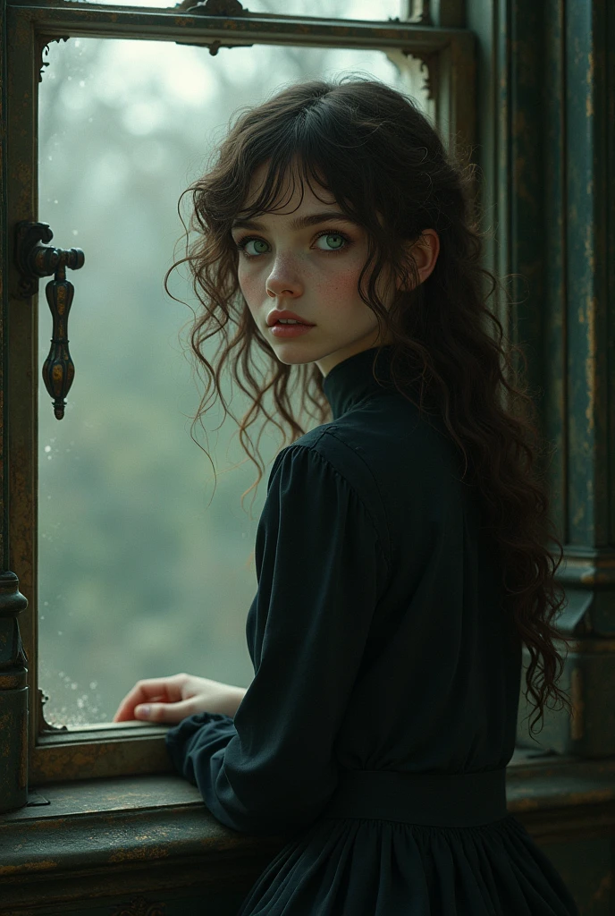 girl with curly brown hair, pale skin, green eyes with dark circles, dressed in black and sitting in a Victorian style window