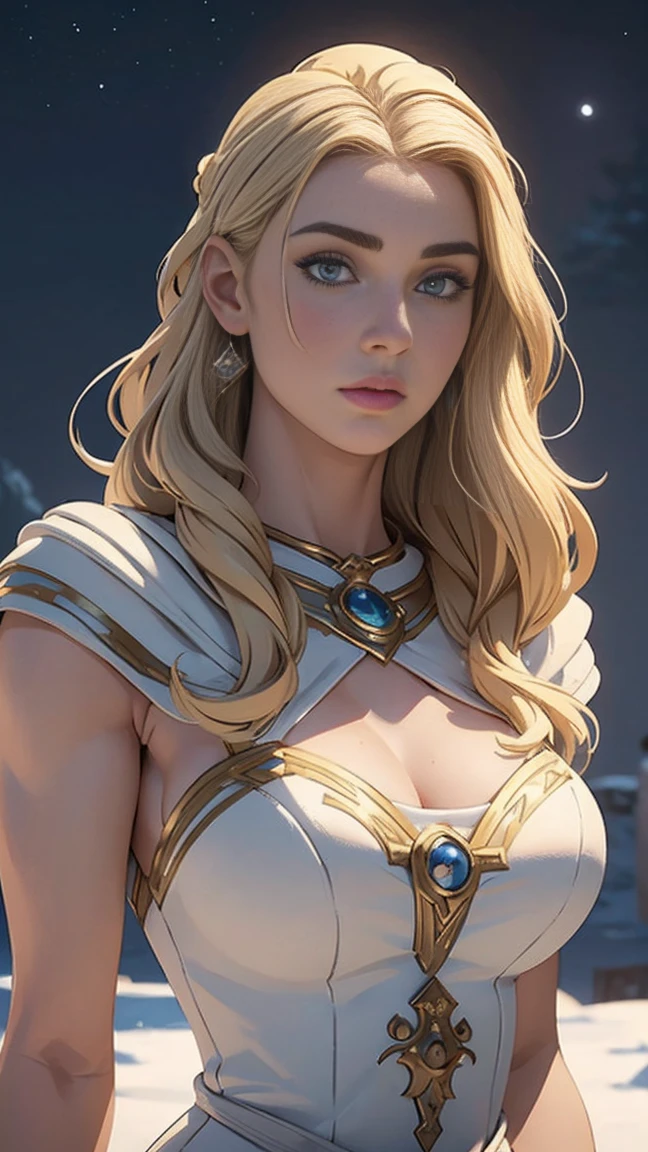 masterpiece, best quality, (full body shot,,moon),Masterpiece, 1girl, solo exhibition, beautiful woman, , beautiful goddess girl portrait, beautiful and detailed face, porcelain skin, (((bust shot, center, night, blonde hair), super soft lighting, symmetry, complexity, elegance, high detail, realism, art, concept art, Nordic female warrior, amazing body, athletic, curvy, Queen of the north, unparalleled beauty,