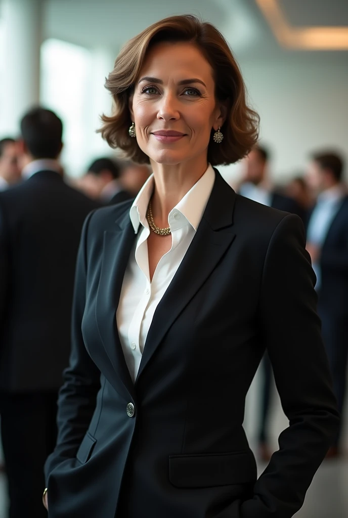 ultrarealistic photo, a portrait of a businesswoman  55 anos, in a suit and tie, feminine empowerment, a woman dressed in a business suit standing in front of people,
sexy and young businesswoman in business suit, in the style of emotionally complex, a beautiful business woman is standing in her suit.