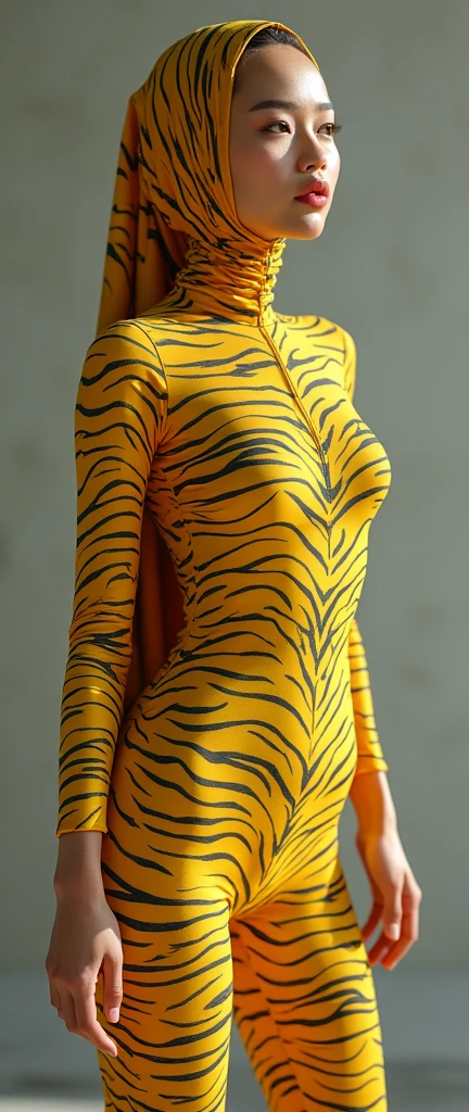 the beautiful,slender thin and prettiest Malaysian muslimah adult girl with beautiful cheeks wears yellow tiger print lycra turtleneck unitard catsuit covered with seamless spots and always wear yellow tiger print lycra elastane stretchy dance wear hijab covered with seamless spots.She has beautiful lips