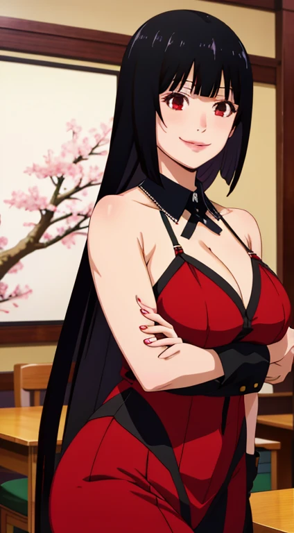 Jabami yumeko, (Mature female, bangs, side locks, Red eyes, Black hair, Huge breasts3),Portrait of a girl, (face:1.2), girls, smile,bare shoulders​, Black hair, cherry blossom), Willow Branch, (masterpiece best quality :1.2), large big breasts