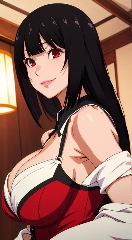 Jabami yumeko, (Mature female, bangs, side locks, Red eyes, Black hair, Huge breasts3),Portrait of a girl, (face:1.2), ******girls, smile,bare shoulders​, Black hair, cherry blossom), Willow Branch, (masterpiece best quality :1.2), large big breasts