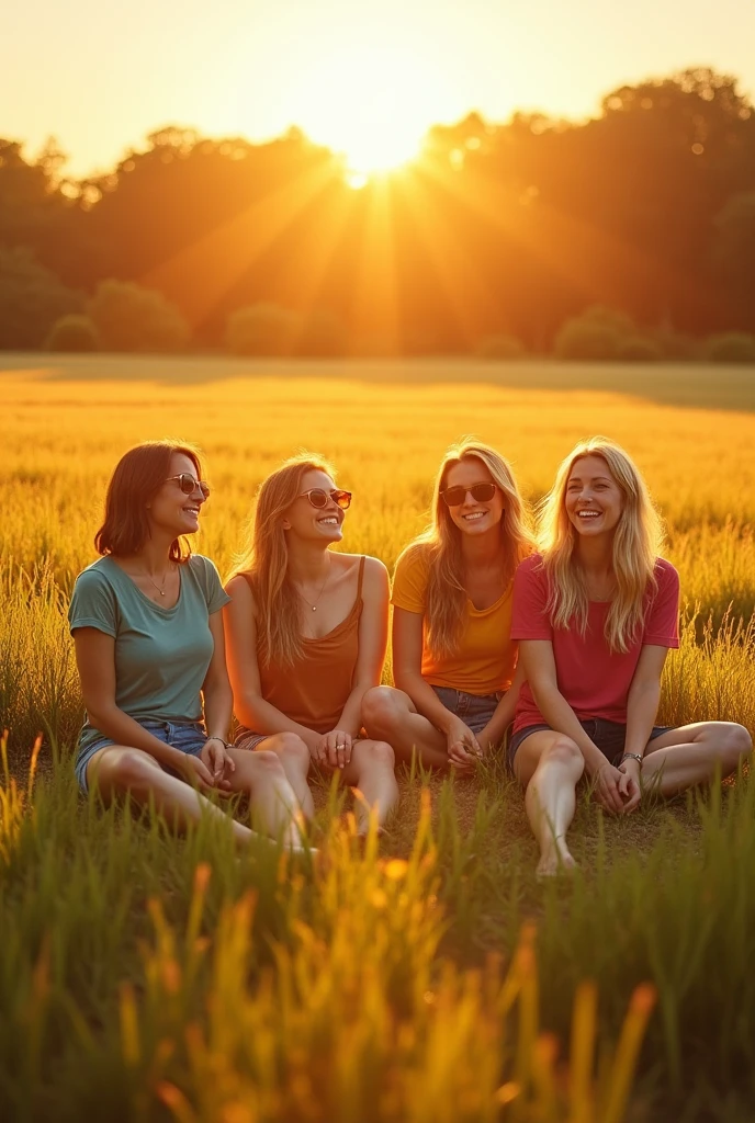 Adult women, in an open field, sitting on the grass, radiant sun, Color image with lots of sunlight, wearing shorts and a colored shirt, arbokes at the bottom, very tall grass