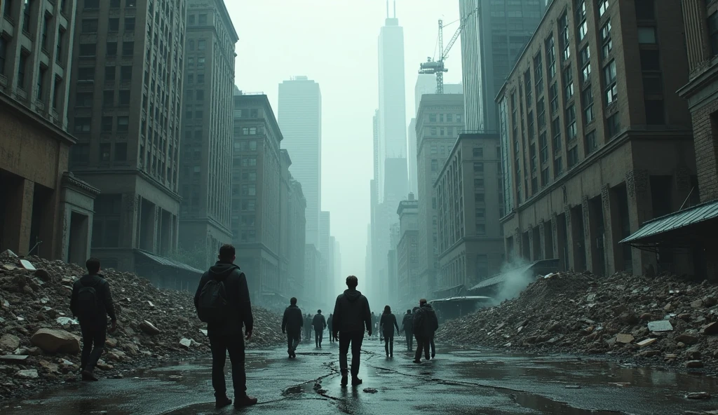 a post-apocalyptic cityscape of new york city, destroyed buildings, rubble, cracked pavement, debris, overcast sky, people looking up in awe and wonder, (best quality, 8k, hyperrealistic, photorealistic, 3d render, cinematic lighting, dramatic, high contrast, muted colors, moody atmosphere:1.3), (masterpiece:1.2), science fiction, post-apocalyptic, urban decay, dystopian, gritty, desolate, abandoned
