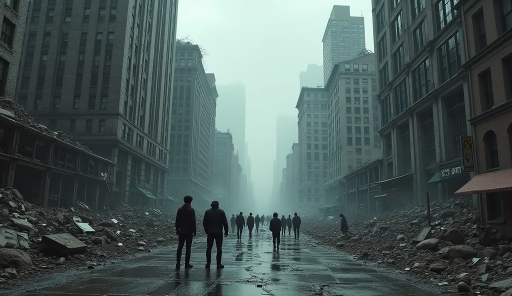 a post-apocalyptic cityscape of new york city, destroyed buildings, rubble, cracked pavement, debris, overcast sky, people looking up in awe and wonder, (best quality, 8k, hyperrealistic, photorealistic, 3d render, cinematic lighting, dramatic, high contrast, muted colors, moody atmosphere:1.3), (masterpiece:1.2), science fiction, post-apocalyptic, urban decay, dystopian, gritty, desolate, abandoned