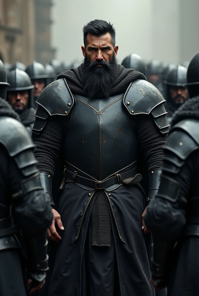 Very muscular medieval knight in black armor, black and square beard, about 50 years old, short hair, without sword, and with visible dark belt too ,with twelve more knights behind , without cape