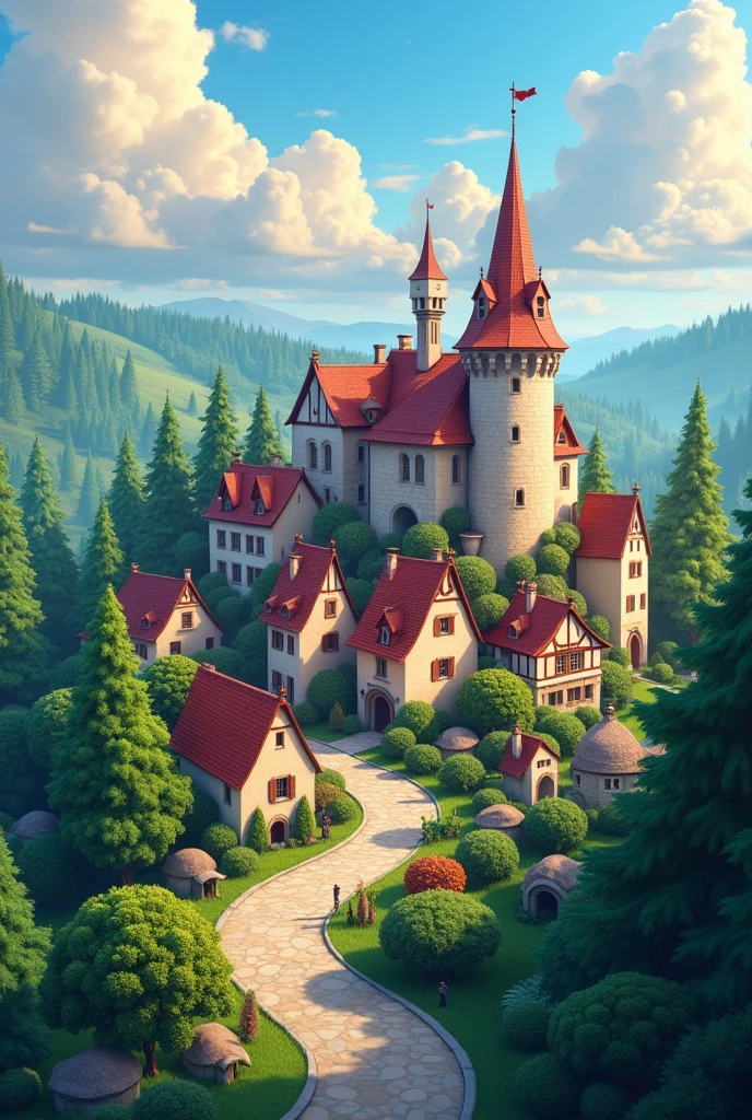 ((Masterpiece artwork)),((best qualityer)),((hight detail)),((realisitic,)) ((ultra detaild)) landscape of a small medieval town, cartoonist illustration, aerial view, Beautiful sky, deformed clouds, 1.3:pine trees, turrets, cinematic shot, drone's view