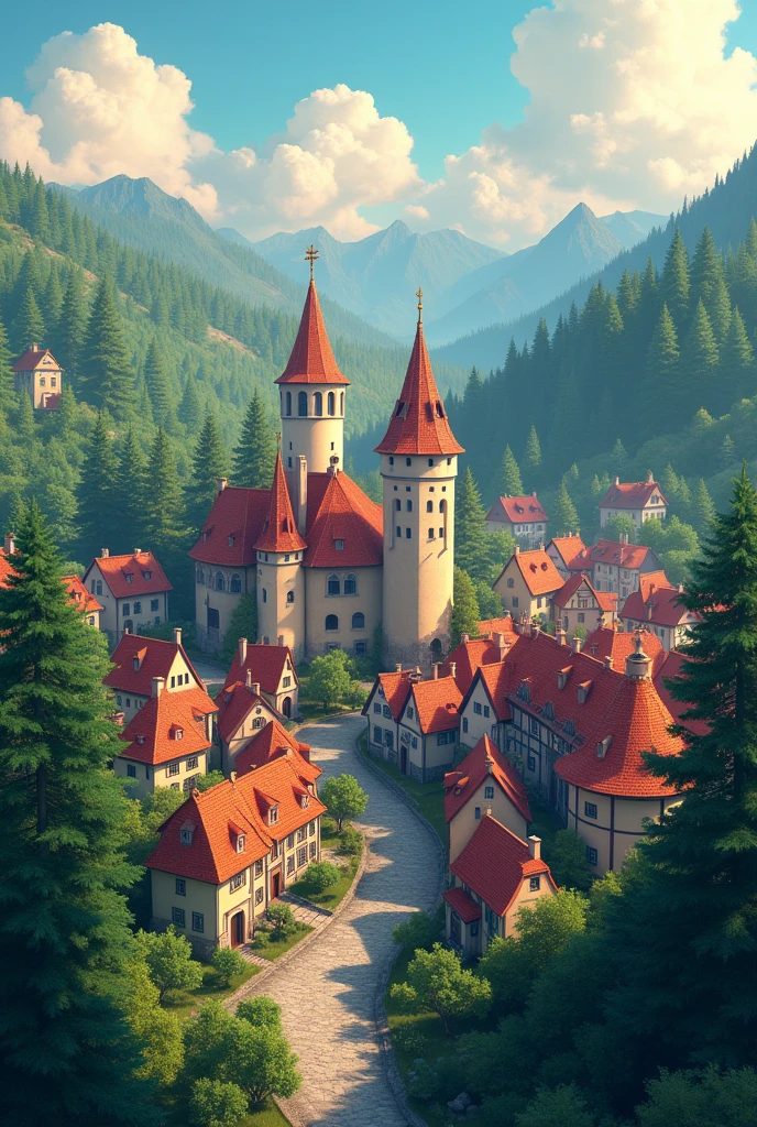 ((Masterpiece artwork)),((best qualityer)),((hight detail)),((realisitic,)) ((ultra detaild)) landscape of a small medieval town, cartoonist illustration, aerial view, Beautiful sky, deformed clouds, 1.3:pine trees, turrets, cinematic shot, drone's view