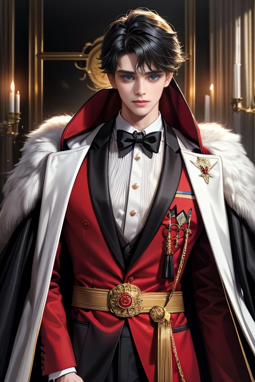 masterpiece, 最high quality, high quality, 1 boy, alone, Male focus, Upper Body,Watching the audience, Messy black hair, Adorable big blue eyes, White, Noble, Noble,A black and red cape that is bursting with sexy volume、Tuxedo、A very voluminous, large, very large, very large, long, long red and black cape with a high stand-up collar, made of a lot of fabric that reaches down to the floor., ,cute beautiful,Cute, cute, kind, handsome guy