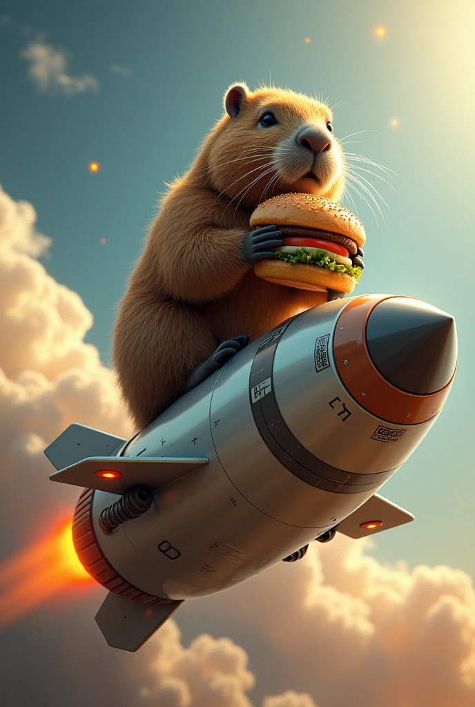 capybara, rocket ship, hamburger