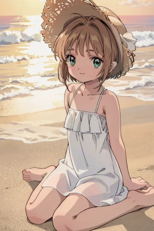 High resolution backgrounds,Beautiful background,anime, cute,The big sun setting on the horizon, Sunset-bathed beach,,Flat chest,White camisole dress,Chestnut Hair,Short Bob Hair,barefoot,Green Eyes,White straw hat,Lens flare,Sitting flat on the sand,smile