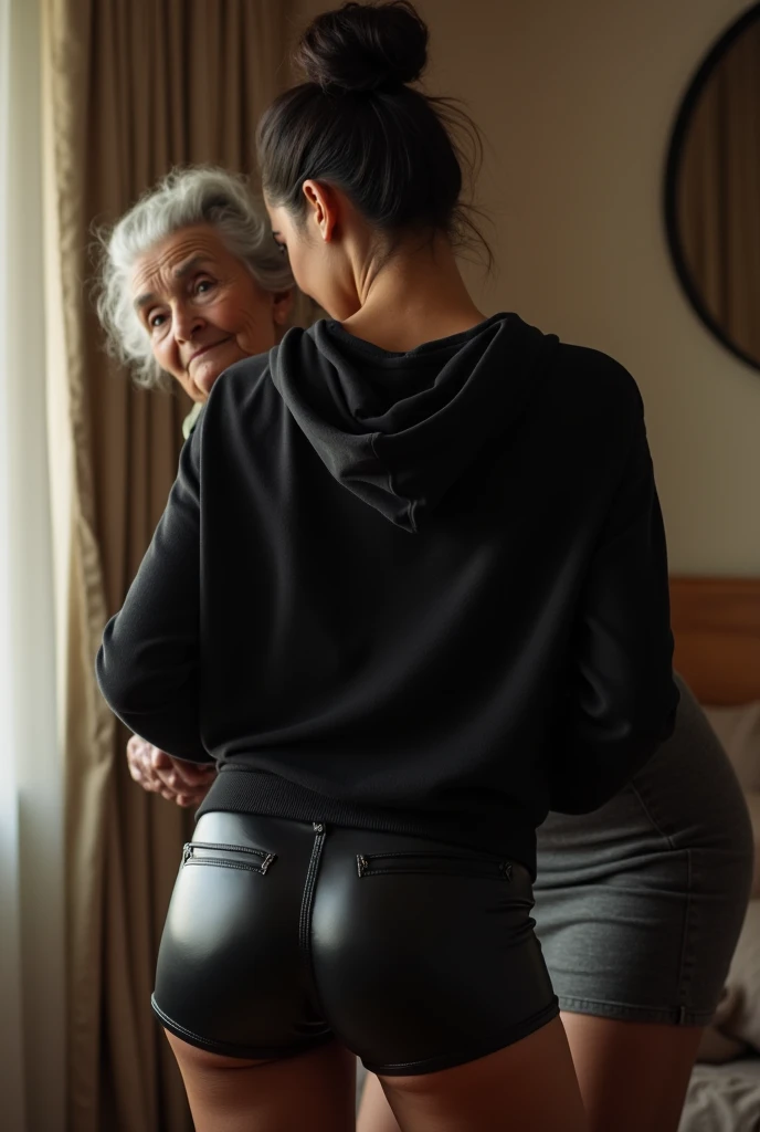black woman hair in a bun black hoodie black leather short shorts being fucked in the ass by a old grandma in a dress
