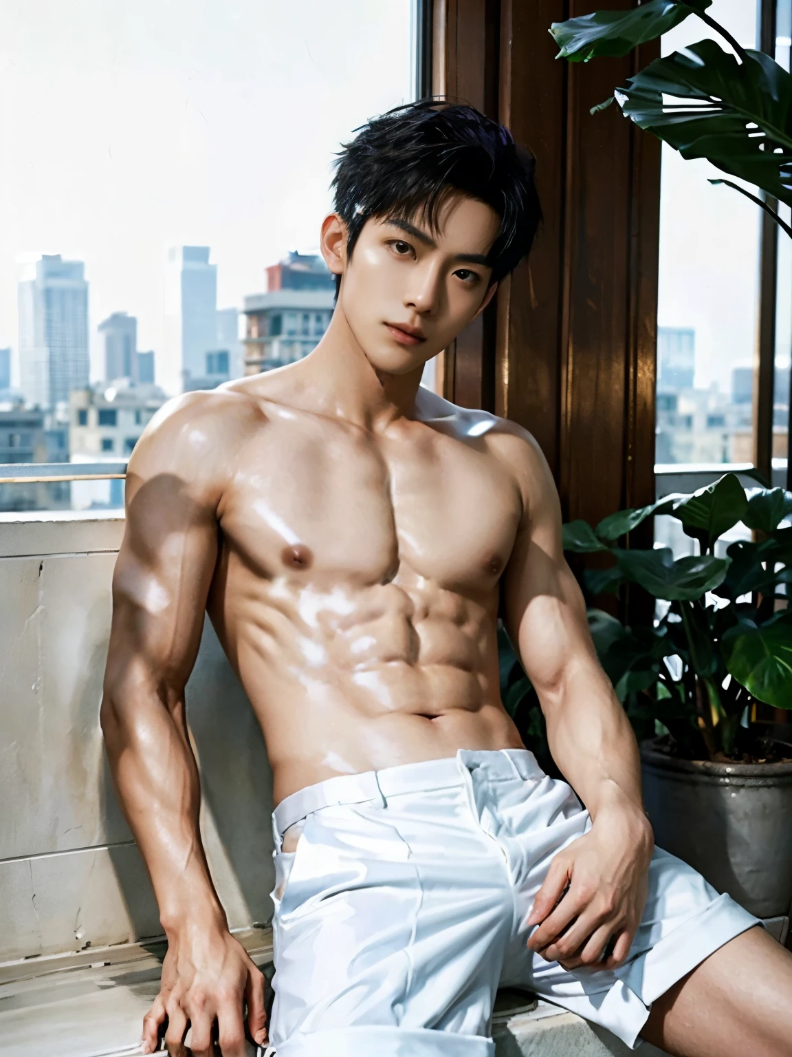 (A asian pretty Boy, cute boy, Nude posing:1.1), (absurdres, realistic, masterpiece:1.2), RAW photo, best quality, 8K,1boy, chinese idol, very handsome, perfect face, Extremely detailed, Practical:1.5, professional photography, Bright colors, Clear focus, young, slender, muscular, slim muscular, (perfect hands, 5 fingers) , Comb-over hairstyle, Black short hair, clear and beautiful detailed eyes, Playful expression, soft skin, detailed skin, spread legs, detailed highlights and shadows, Excellent body proportions, Correct anatomy, male focus, (Topless, white short pants:1.5), Potted plants, flowers, (roof, Skyscraper, balcony:1.1), Glass Wall, Studio Lighting, gentlesunlight, Cinematic Lighting, Warm colors, full-body shot,