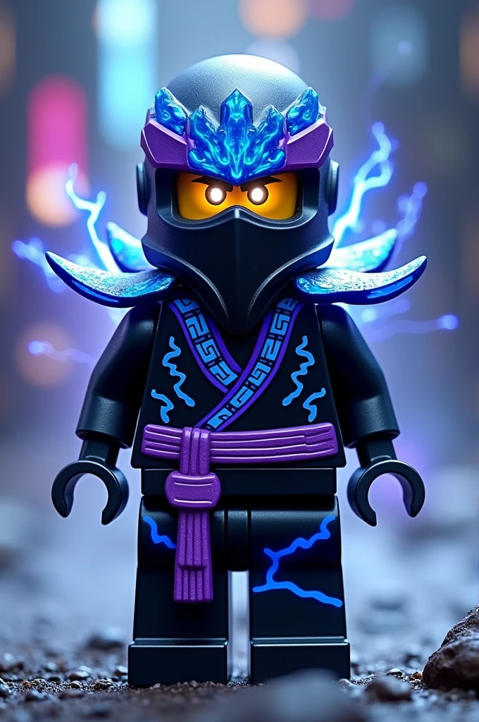 Créer moi un lego ninja go futuriste avec un masque de couleur bleu et violet sur la tête avec une puissance incroyable avec comme puissance élémentaire la foudre l’énergie la terre le feu l’eau la glace et la lumière. Les habits du ninja doit être en violet et bleu avec des reure en forme d’électricité avec une peau noir et un regard terrible sombre avec des yeux lumière brillant. Un ninja imbattable monstrueux beaucoup trop puissant qui contrôle tout les pouvoirs élémentaire