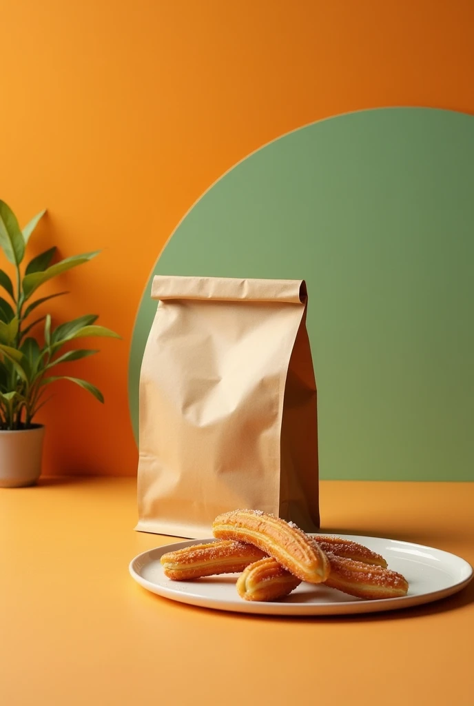a small bag-type packaging for food with nothing inside made of biodegradable and environmentally friendly kraft paper with a small transparent plastic sheet that allows you to see what is inside, with an orange background and a gradient in shades of green and light green and a small plant, and a plate with some Spanish style churros with sugar on top near the bag. a real and very perfect photograph