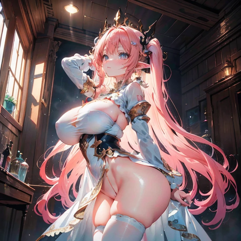 Anime Waifu beautiful detailed eyes, beautiful detailed lips, extremely detailed eyes and face, longeyelashes, 1girl, sensuous, young woman, medium breasts, beautiful feminine face, nice thighs, slim, sexly, erotic, beautiful clothes, perfect body, cinematic lighting and framing, (best quality,4K,8k,highres,masterpiece:1.2),ultra-detailed,digital painting,portrait,glamorous,highly detailed,soft lighting,warm color tones better, hatsune miku, , Giant tits, giant ass, very curvy, Strawberry blonde with curly bangs, pastel pink eyes, fleshy lips, seducer, soft smiling, white flowing dress with long puffy sleeves, elf ears, crown of flowers, thick-thighs, Curvy physique