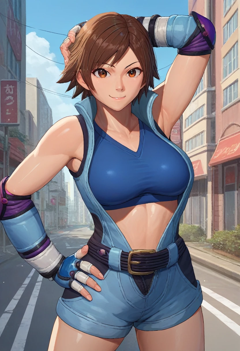 score_9, score_8_up, score_7_up, source_anime, solo, 1girl, asukadef, smile, looking at viewer, hand on hip, short jumpsuit, sports bra, elbow pads, fingerless gloves, shorts, belt, outdoors, city street , large breasts, arms up, detailed armpits