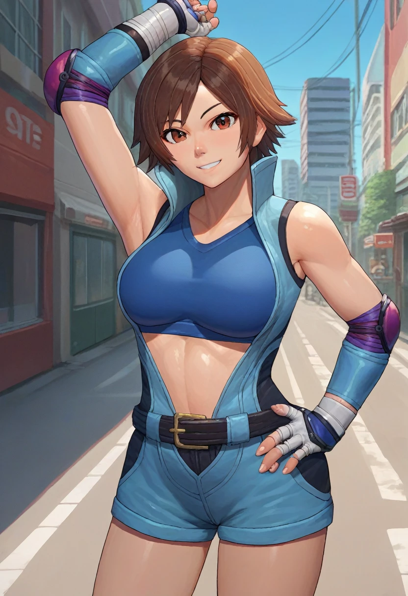 score_9, score_8_up, score_7_up, source_anime, solo, 1girl, asukadef, smile, looking at viewer, hand on hip, short jumpsuit, sports bra, elbow pads, fingerless gloves, shorts, belt, outdoors, city street , large breasts, arms up, detailed armpits