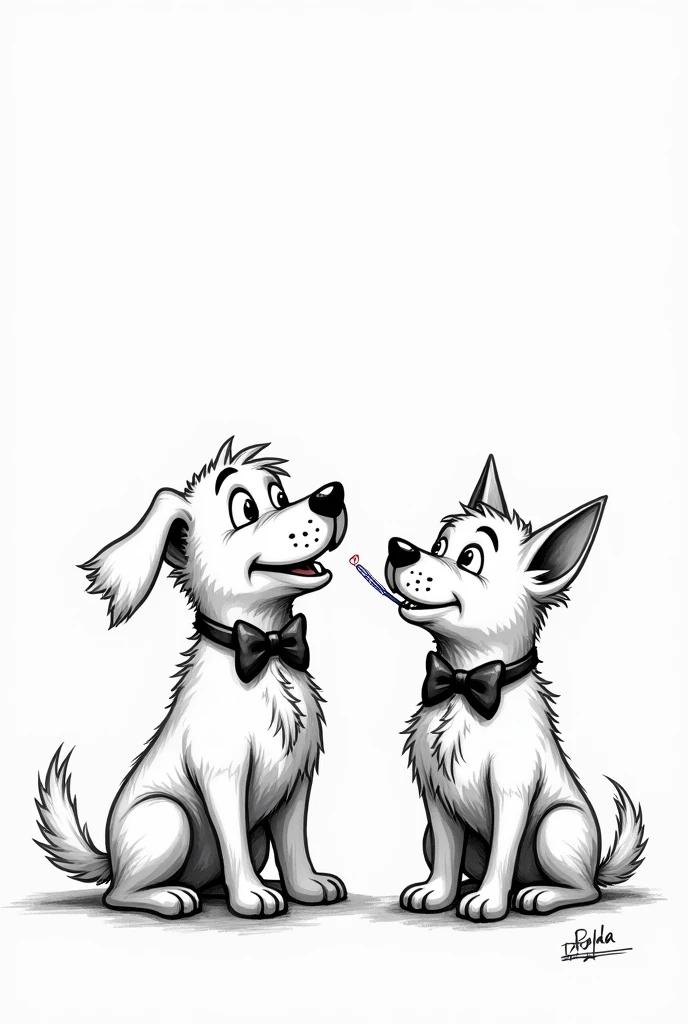 Drawing of a male and female dog with a bow holding a toothbrush or showing their teeth in black and white