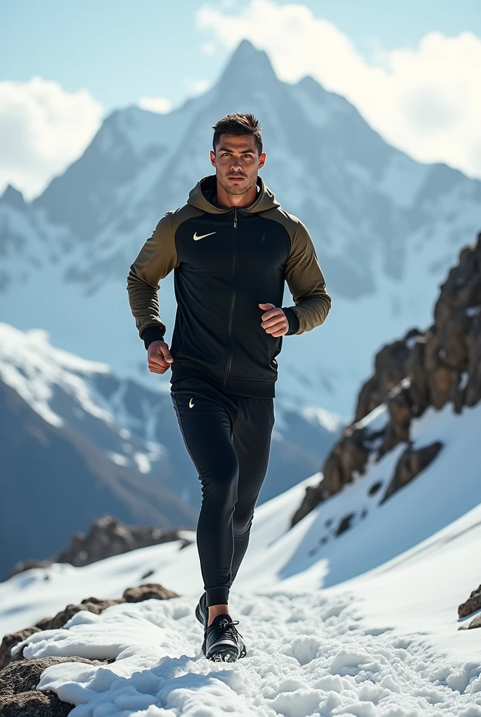 Cristiano Ronaldo ;portant un survêtement nike noir et kaki;sur les montagnes;entrain de s'entraîner;en hiver