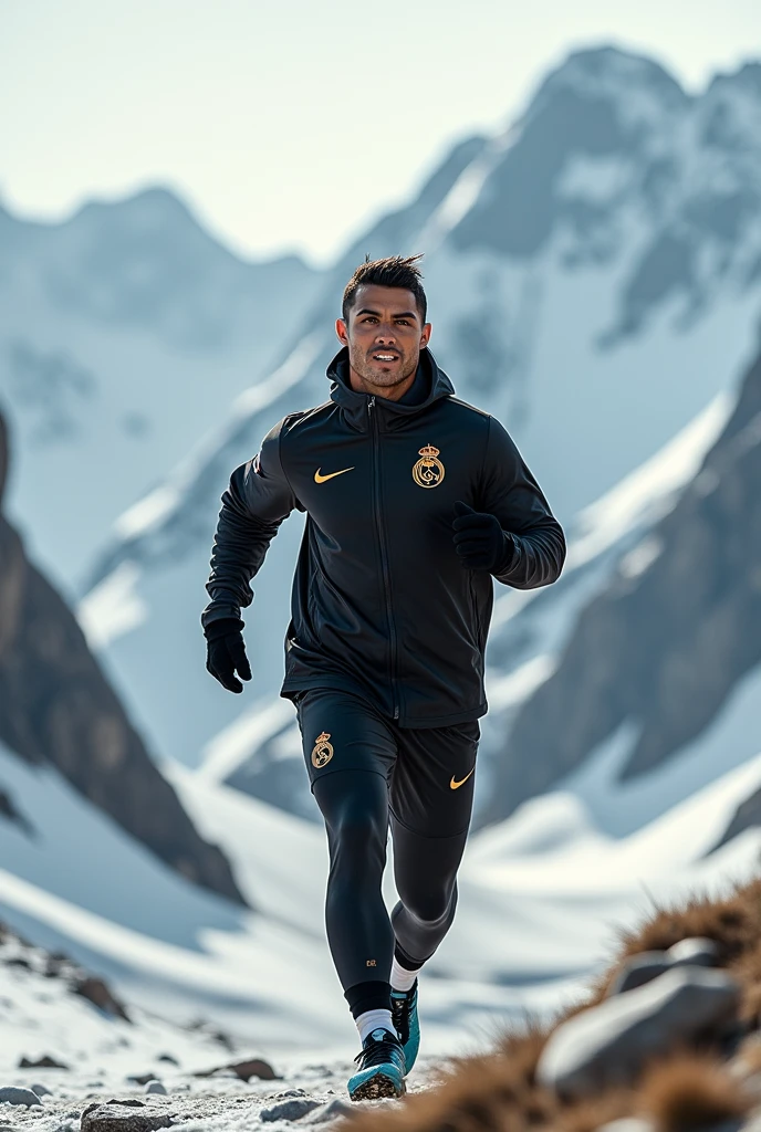 Cristiano Ronaldo ;portant un survêtement nike noir et kaki;sur les montagnes;entrain de s'entraîner;en hiver