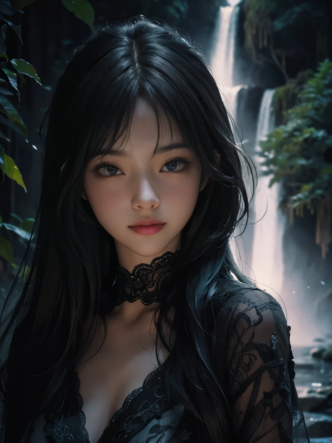 (ultra realistic) , (illustration), (increase resolution), (8K), (extremely detailed), (best illustration), (beautiful detailed eyes), (best quality), (ultra-detailed), (masterpiece), (wallpaper), (detailed face), 1 girl, black straight hair, slender body, delicate details, in the dark, deep shadow, low key, pureerosfaceace_v1, happy smile, summer dress, waterfall, rainforest