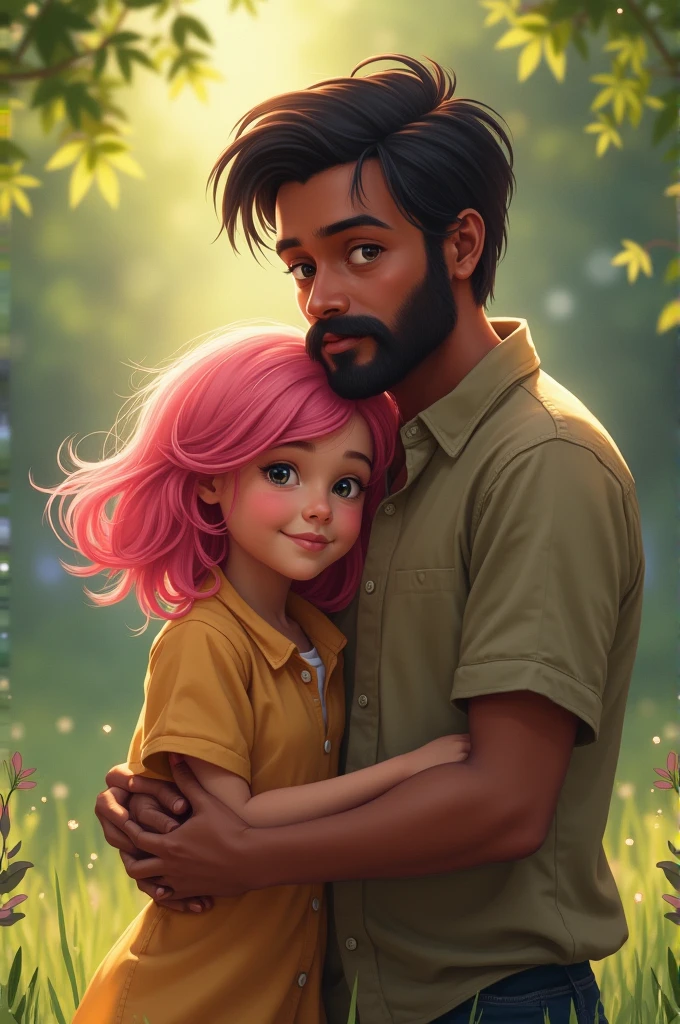 Pink haired girl with dark skin with her dad