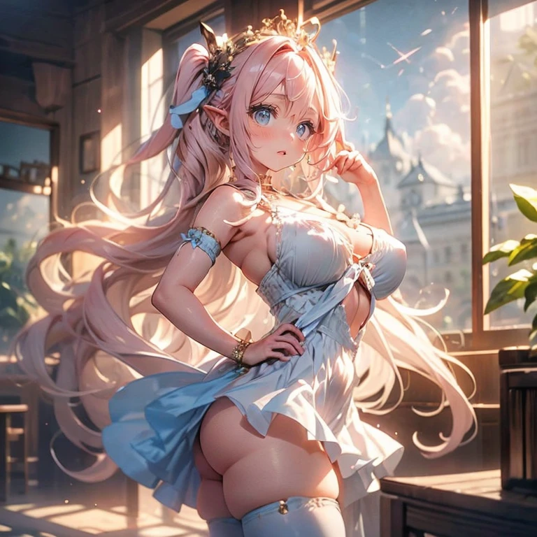 Anime Waifu beautiful detailed eyes, beautiful detailed lips, extremely detailed eyes and face, longeyelashes, 1girl, sensuous, young woman, medium breasts, beautiful feminine face, nice thighs, slim, sexly, erotic, beautiful clothes, perfect body, cinematic lighting and framing, (best quality,4K,8k,highres,masterpiece:1.2),ultra-detailed,digital painting,portrait,glamorous,highly detailed,soft lighting,warm color tones better, hatsune miku, , Giant tits, giant ass, very curvy, Strawberry blonde with curly bangs, pastel pink eyes, fleshy lips, seducer, soft smiling, white flowing dress with long puffy sleeves, elf ears, crown of flowers, thick-thighs, Curvy physique
