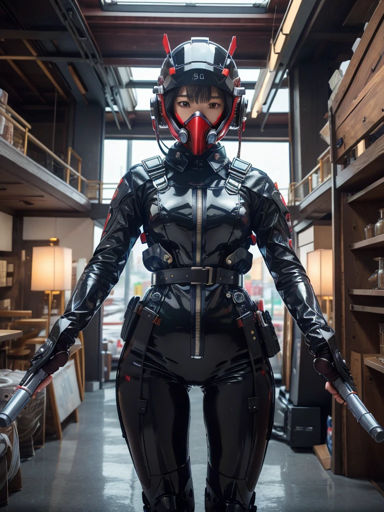 masterpiece, Highest quality, Very detailed, Japanese Android girl, Beautiful 2 Japanese woman, Plump,Control panel,Android,cyborg,Blunt bangs,Red bodysuit,Thick harness belt,Full-face helmet,Gas mask with regulator,Fighting with guns,