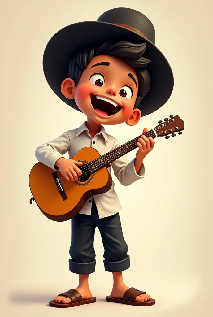 Cartoon of a boy with a hairstyle, cinnamon-skinned with an elegant black hat, white long sleeve shirt, black cloth pants and leather sandals . With his guitar in his hands singing