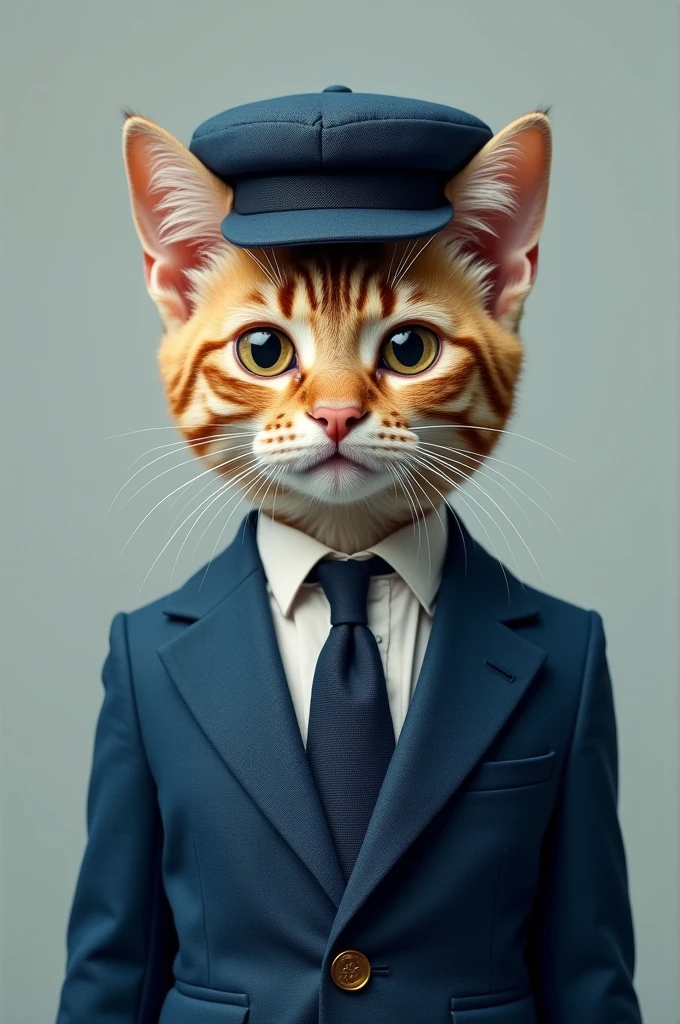 A cat in a blue suit and cap