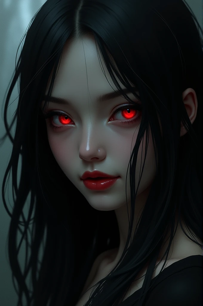 Beautiful girl, close up, cat eyes, dark vibe, long hair, black hair, red eyes, evil smile, red lips