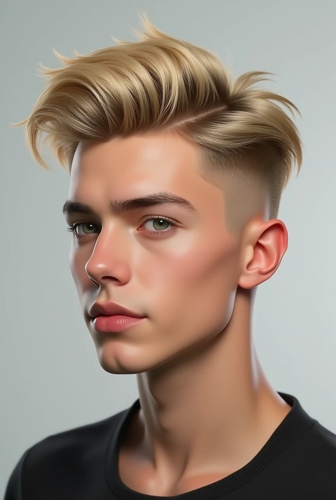 Model boy with blonde hair is styled in a modern and trendy manner, with a voluminous top that is swept to one side and slightly textured. The sides are closely trimmed, creating a contrast with the longer hair on top
who looks realistic as possible and human