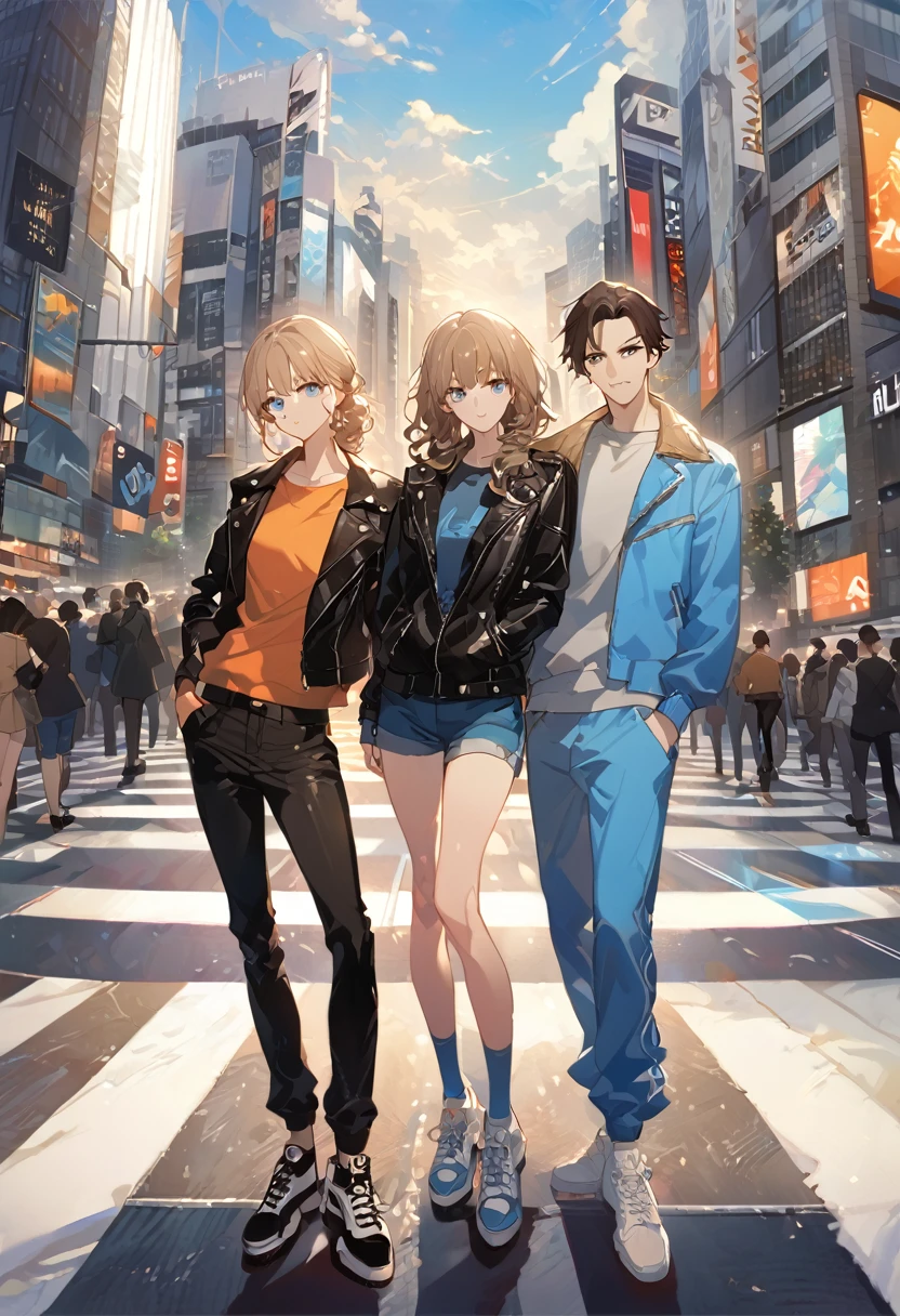 masterpiece, Best Quality, 8k ,4k, Size, wallpapers, anime style, perfect anatomy, only 2 characters, Young boy and girl, 18 years, (A girl, long light brown hair with light blue eyes., Clean and tidy clothes, He is wearing a black leather jacket, female top, blue jogger, well formed body, toned body), (A young man, White skin, black messy hair, dark hair bright grey eyes, SERIOUS LOOK, expressionless face,. Clean and tidy clothes, He is wearing an orange sweatshirt, blue jeans, y sneakers, athletic body) They pose side by side, separdos, in the middle of shibuya crossing, Inspired by artist Shunsaku Tomose: ask, Art Style : ask