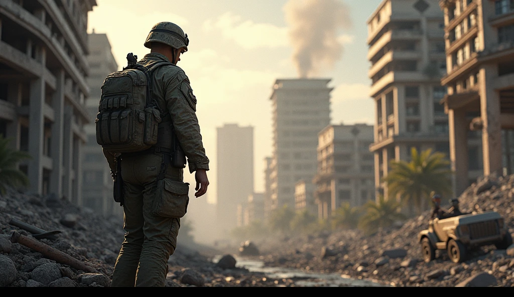 1940; (masterpiece, best quality) destroyed city (Rio de Janeiro) American soldier going to war