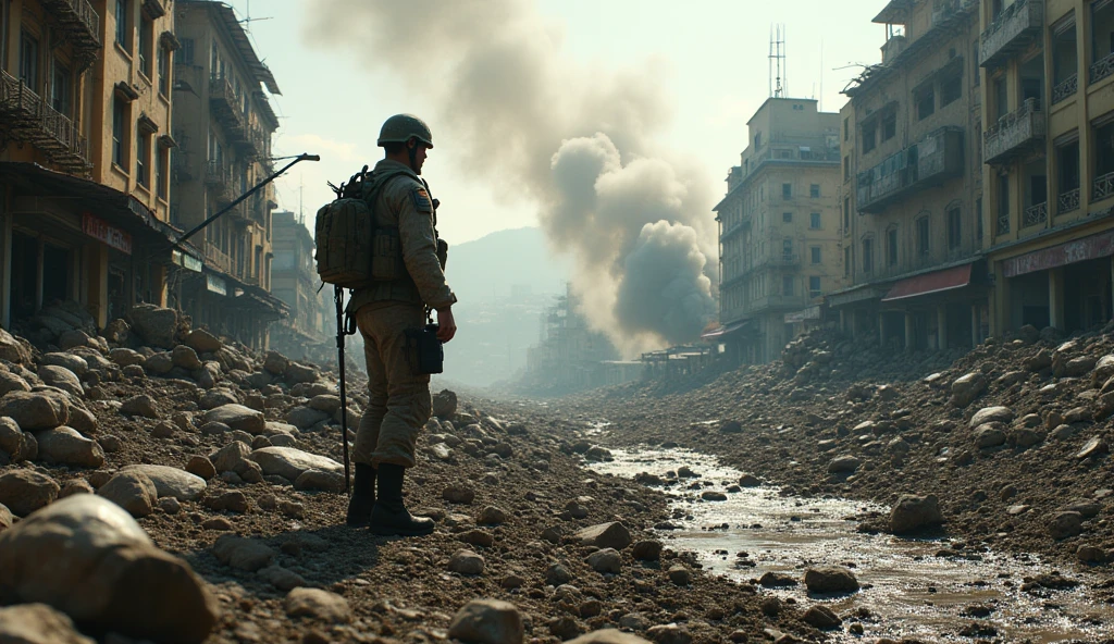 1940; (masterpiece, best quality) destroyed city (Rio de Janeiro) American soldier going to war