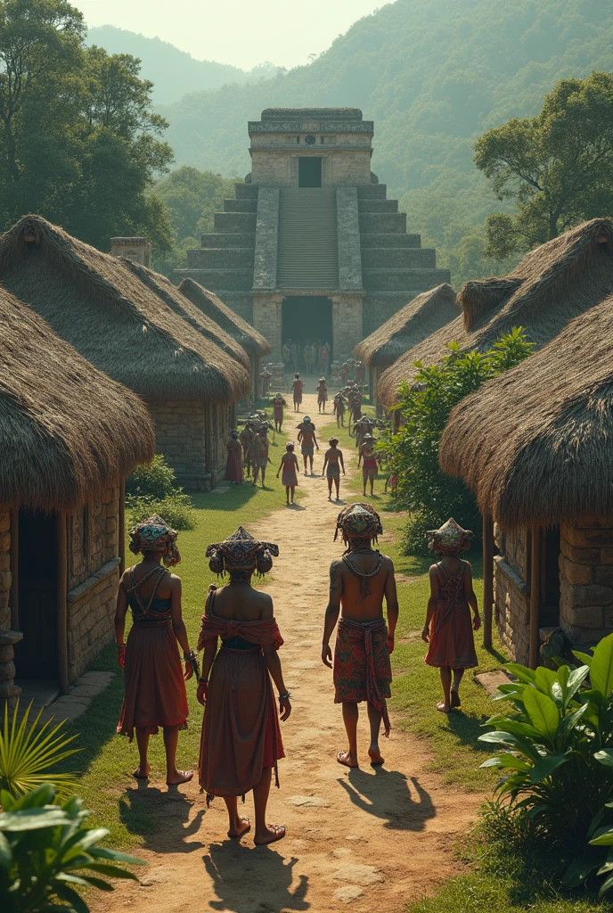 Some aliens watching a Mayan village Disguised as Mayans
