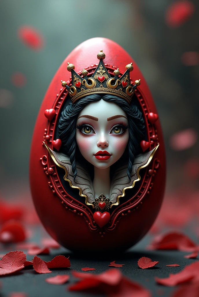 Create an image of an egg characterized by the queen of hearts that includes relief