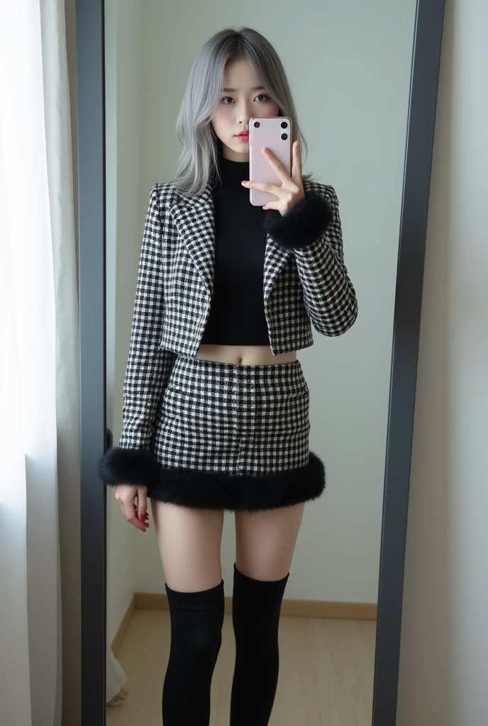 highly detailed, beautiful, hyper Realistic girl, masterpiece, best quality, Depict a mysterious and sophisticated beautiful Japanese gravure model,, 18-years-old, identity hidden, all body shot, / gray arranged hair, small head, Detailed face, cute and Pretty slim face, wide Duck mouth, perfect beautiful Tooth, arranged gray hair, shiny eyes, blue-colored eyes, Realistic skin, Detailed face, // sitting, model posing, / A fashion outfit featuring a black and white plaid set. The cropped jacket ends just above the waist, abs, revealing a slight amount of skin for a modern, chic look. The matching mini skirt has a black faux fur trim at the hem. The material appears to be thick wool or tweed, giving a classic and structured appearance. The outfit is paired with chunky black patent leather loafers and long black socks, creating a retro yet trendy style, all understated and refined to maintain the minimalist vibe. //// simple white single room, gray frame mirror, complicated background /// takes a selfie in her room using a smartphone in front of a mirror with one hand, standing and sexy Posing, all body below shot, focus shoes, looking away from the camera,