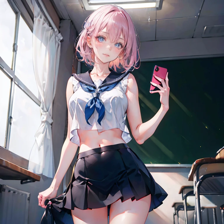 Anime Waifu beautiful detailed eyes, beautiful detailed lips, extremely detailed eyes and face, longeyelashes, 1girl, sensual, young woman, medium breasts, beautiful feminine face, nice thighs, slim, sexy, erotic, beautiful clothes, perfect body, cinematic lighting and framing, (best quality,4k,8k,highres,masterpiece:1.2),ultra-detailed,digital painting,portrait,glamorous,highly detailed,soft lighting,warm color tones Perfect human body，1 girl， (very highly detailed background，‎Classroom), clavicle，Sleeveless sailor suit，navel，Low-rise miniskirt，((woman with fever)), ((perspired，college aged))), Colossal ，Indecent expressionlush blush:1.2),Pubic hair shows through，Next to him stood a man，Man taking photo of girl，，