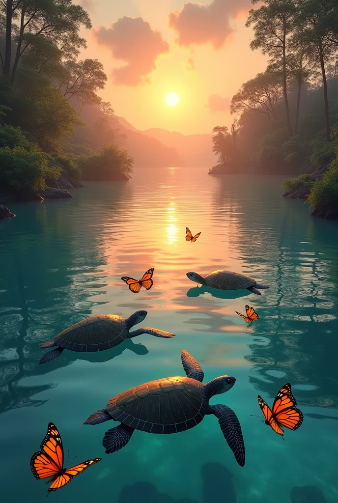 Sea turtles swimming in a crystal clear lake with monarch butterflies and an orange sunset