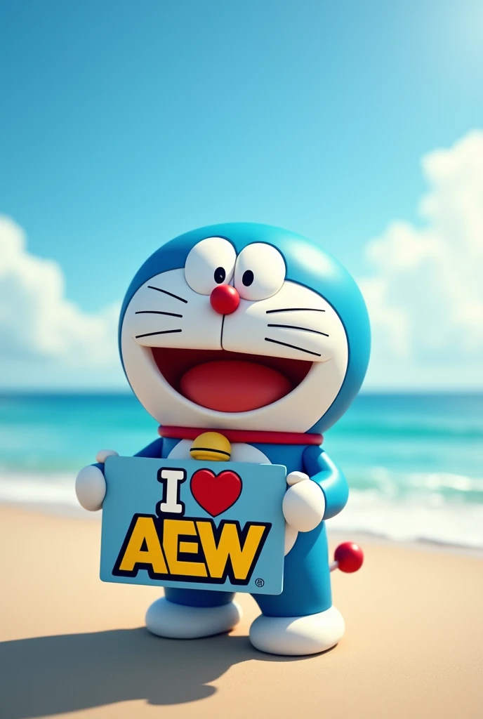 A 3D cinematic photo of Doraemon standing on a beach. He is smiling and holding a sign that says "I love Aew." The background contains a vast ocean with waves crashing on the shore, and a clear sky with a few clouds. The lighting is soft. The image is poster size.