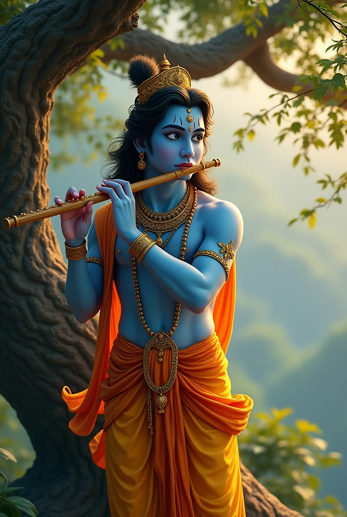 Shree krishna hand in basuri, around tree
Orange blue colour mix