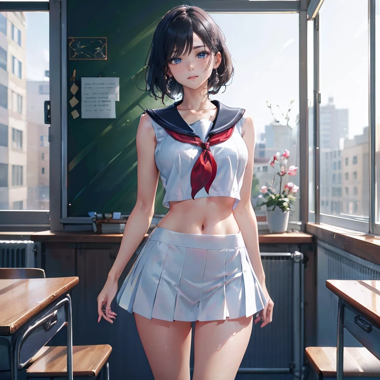 Anime Waifu beautiful detailed eyes, beautiful detailed lips, extremely detailed eyes and face, longeyelashes, 1girl, sensual, young woman, medium breasts, beautiful feminine face, nice thighs, slim, sexy, erotic, beautiful clothes, perfect body, cinematic lighting and framing, (best quality,4k,8k,highres,masterpiece:1.2),ultra-detailed,digital painting,portrait,glamorous,highly detailed,soft lighting,warm color tones Perfect human body,1 girl, (very highly detailed background,Classroom), clavicle,Sleeveless sailor suit,navel,Low-rise miniskirt,((woman with fever)), ((perspired,college aged))), Colossal ,Indecent expressionlush blush:1.2),Pubic hair shows through,Next to him stood a man,Man taking photo of girl,,