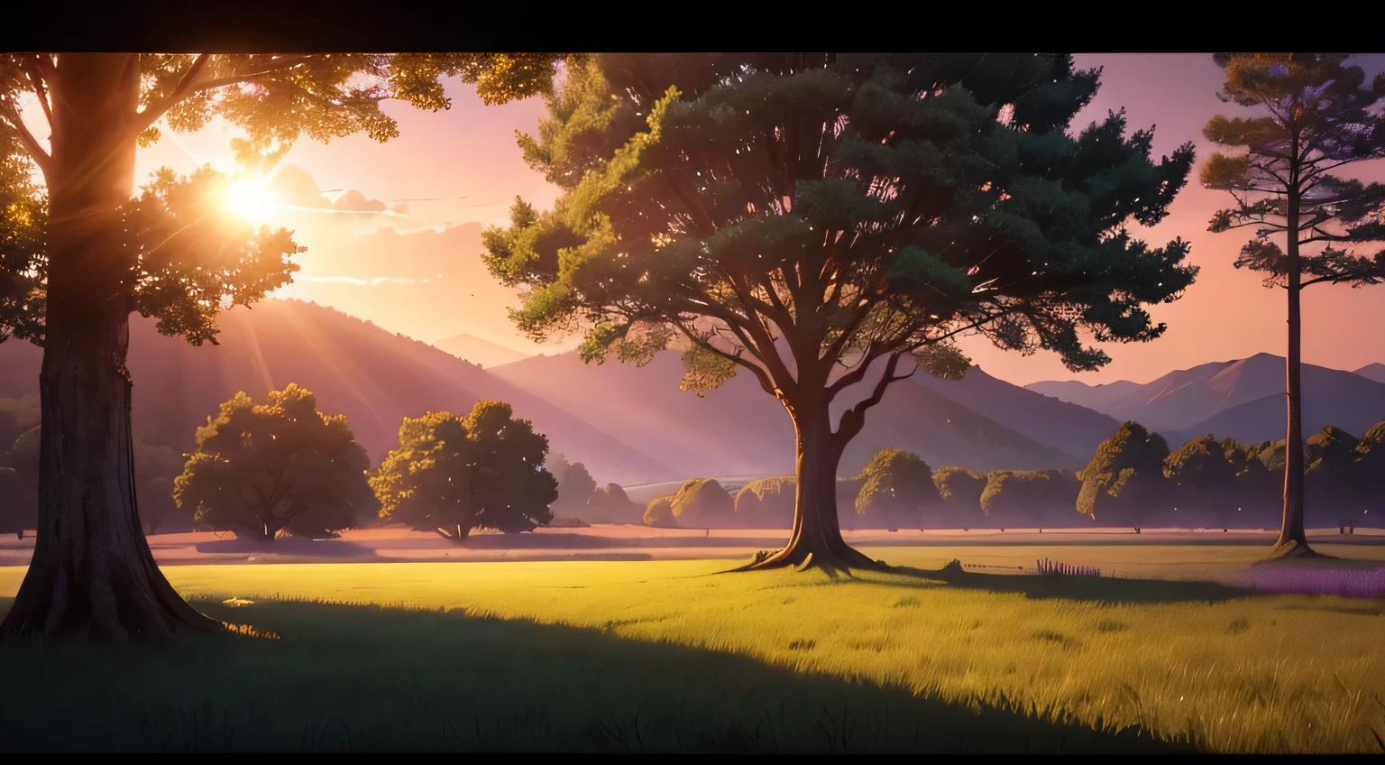 wlapaper anime 4K: A tranquil green field with a single, large tree standing alone at the center. The tree is lush with vibrant leaves, casting a gentle shadow on the grass below. In the background, the setting sun bathes the sky in warm shades of orange, pink, and purple, creating a peaceful, late afternoon ambiance. The sun's rays softly illuminate the landscape, highlighting the serene beauty of the scene, with no other trees or objects around."