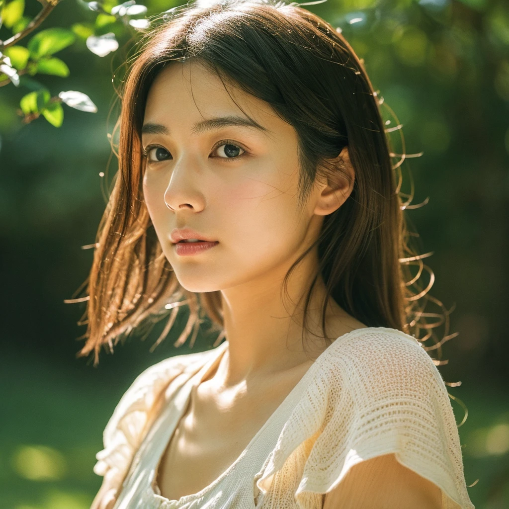 A hyper-realistic close-up image of a single Japanese woman in her early 20s, captured with the nostalgic warmth and subtle graininess of a film camera, focusing on her face and shoulders. Her skin has a warm beige tone with a natural, slightly rough texture that includes visible pores, fine lines, and subtle imperfections such as small blemishes, adding to the authenticity of her appearance. The soft, diffused natural light typical of a sunny summer day casts gentle, warm shadows on her face, enhancing the film-like quality while maintaining the realistic texture of her skin. Her straight, glossy black hair is slightly tousled by a gentle summer breeze, framing her face naturally. She is wearing a light, summery outfit, perhaps with straps visible at the shoulders, that complements her natural beauty and suits the warm weather. The film camera effect introduces a slight grain and a softer focus, giving the image a warm, nostalgic atmosphere while preserving the realism of her skin and features. The overall composition captures the serene and effortless elegance of a summer day, with the focus on the realistic texture of her skin and the timeless quality of the film camera aesthetic.