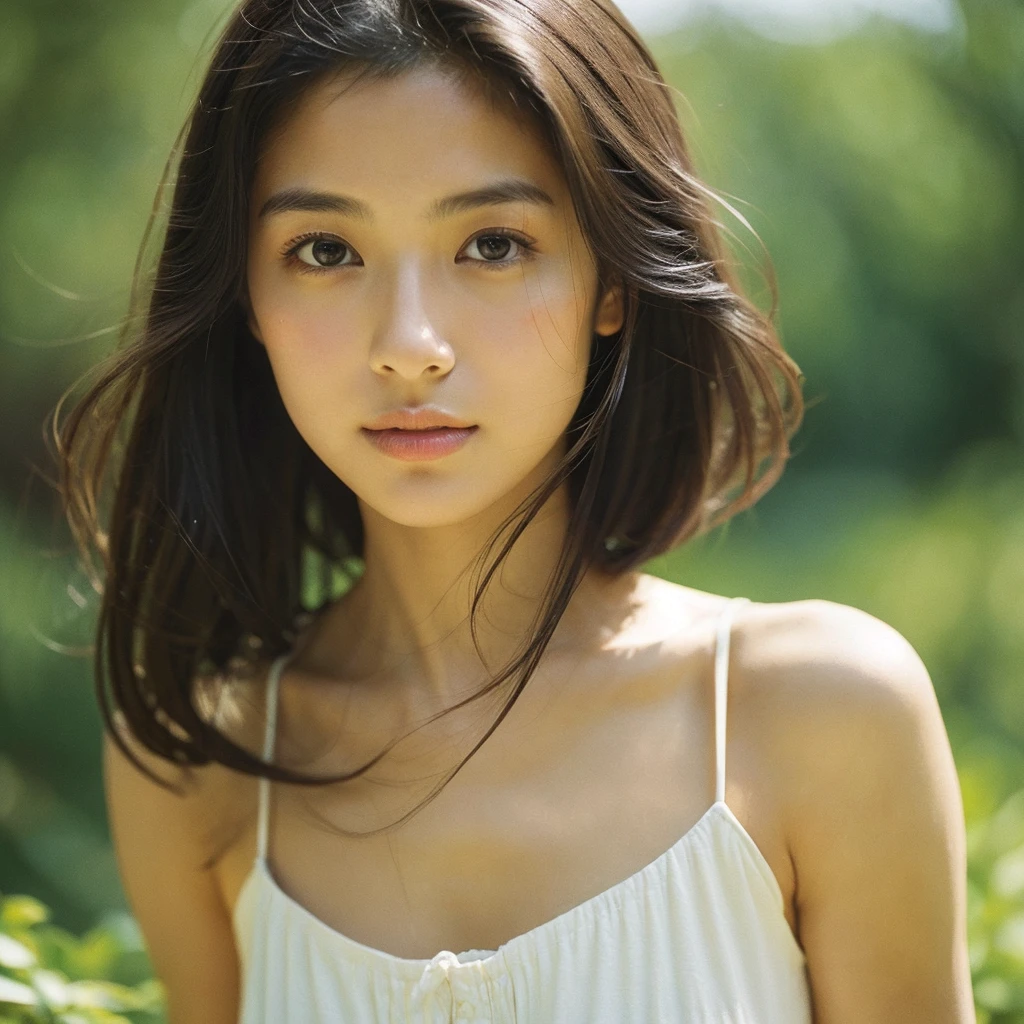 A hyper-realistic close-up image of a single Japanese woman in her early 20s, captured with the nostalgic warmth and subtle graininess of a film camera, focusing on her face and shoulders. Her skin has a warm beige tone with a natural, slightly rough texture that includes visible pores, fine lines, and subtle imperfections such as small blemishes, adding to the authenticity of her appearance. The soft, diffused natural light typical of a sunny summer day casts gentle, warm shadows on her face, enhancing the film-like quality while maintaining the realistic texture of her skin. Her straight, glossy black hair is slightly tousled by a gentle summer breeze, framing her face naturally. She is wearing a light, summery outfit, perhaps with straps visible at the shoulders, that complements her natural beauty and suits the warm weather. The film camera effect introduces a slight grain and a softer focus, giving the image a warm, nostalgic atmosphere while preserving the realism of her skin and features. The overall composition captures the serene and effortless elegance of a summer day, with the focus on the realistic texture of her skin and the timeless quality of the film camera aesthetic.